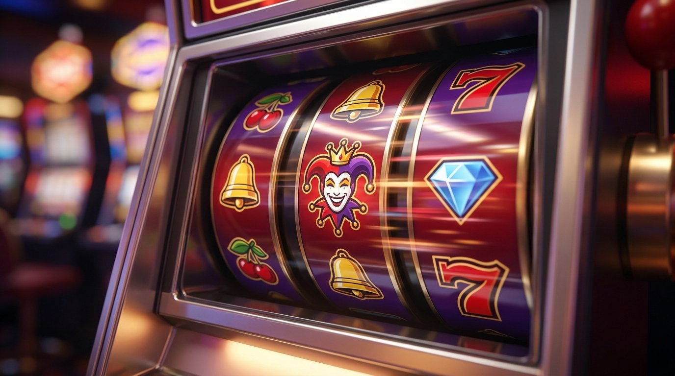 ภาพระยะใกล้ของวงล้อสล็อต Joker Gaming ที่กำลังหมุน แสดงสัญลักษณ์ที่สดใสและบ่งบอกถึงศักยภาพในการทำเงินจริง พร้อมกับบรรยากาศที่น่าตื่นเต้นของการชนะรางวัลใหญ่