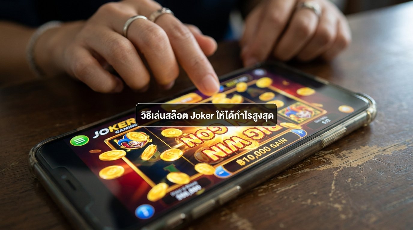 ภาพระยะใกล้ของหน้าจอสมาร์ทโฟนที่แสดงเกมสล็อต Joker Gaming ที่กำลังเล่นอยู่ พร้อมเหรียญและข้อความ 'ชนะ' สื่อถึงเทคนิคการเล่นสล็อต Joker ให้ได้กำไรสูงสุดและการจัดการเงินทุน